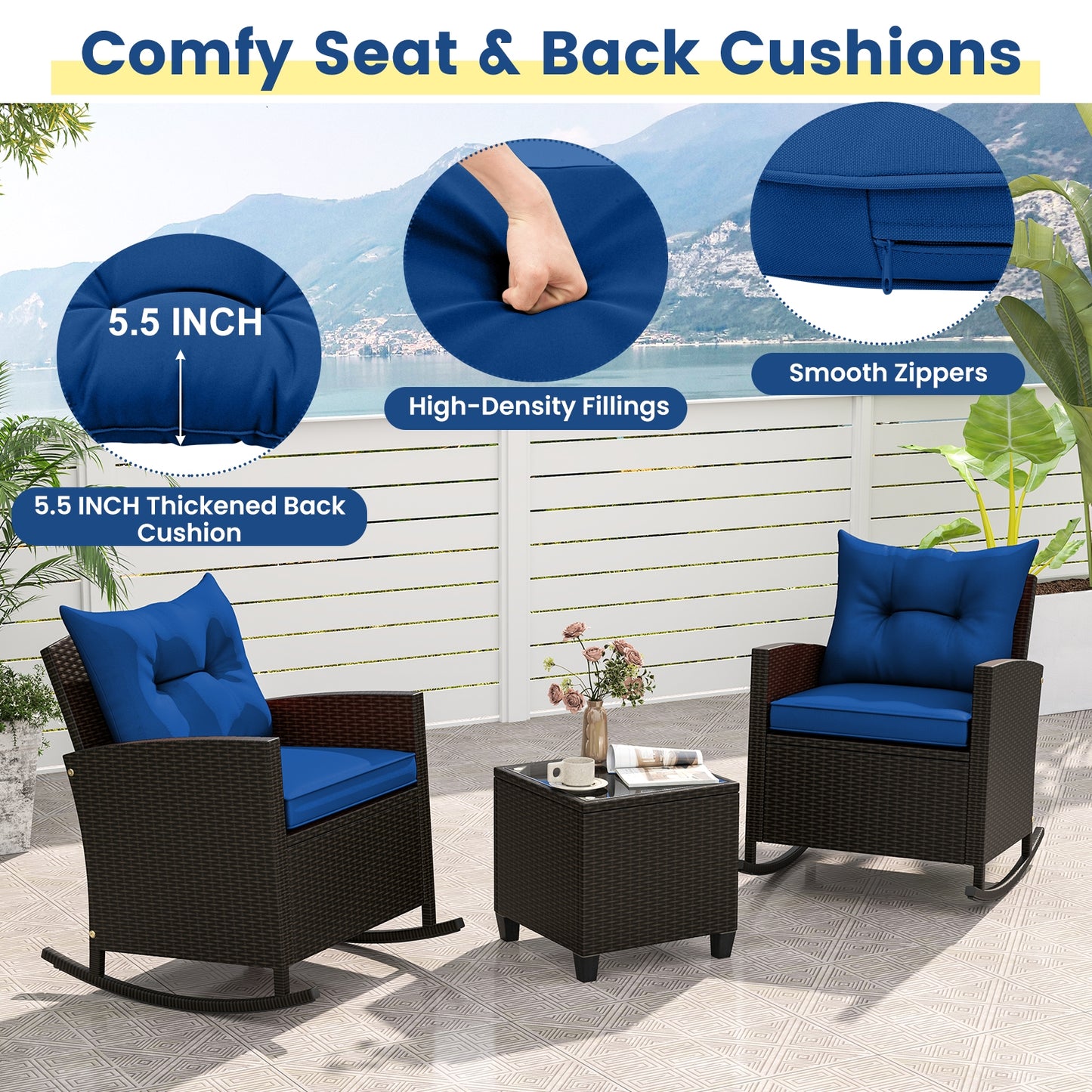 3-Piece Patio Rattan Roker Chairs with Tempered Glass Table and Soft Cushions, Navy Patio Conversation Sets at Gallery Canada