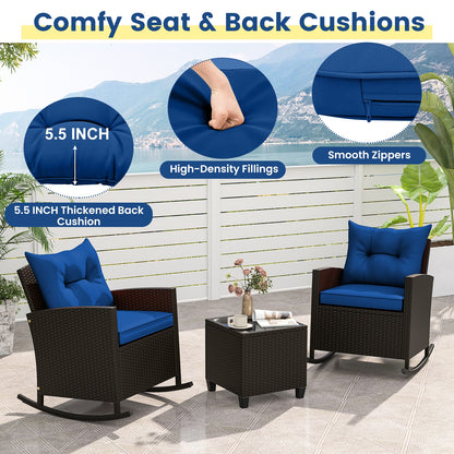 3-Piece Patio Rattan Roker Chairs with Tempered Glass Table and Soft Cushions, Navy Patio Conversation Sets at Gallery Canada