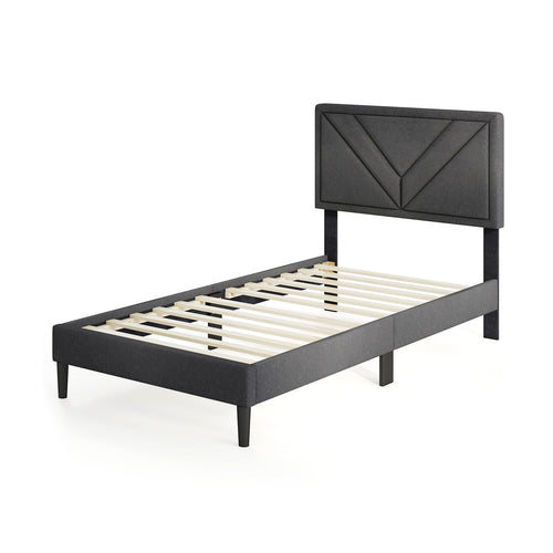 Upholstered Platform Bed With Tufted Headboard, Wooden Slats, Twin Size, Gray