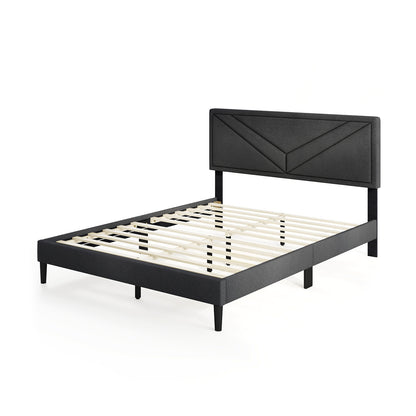 Upholstered Platform Bed with Tufted Headboard and Wooden Slats-Queen Size, Gray Simple Bed Frame at Gallery Canada