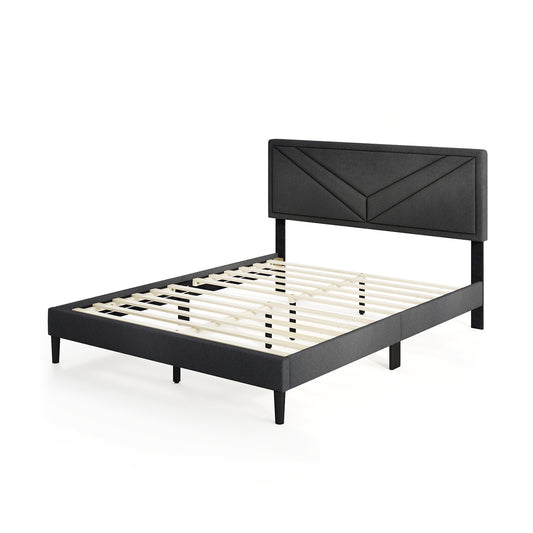 Upholstered Platform Bed with Tufted Headboard and Wooden Slats-Queen Size, Gray Simple Bed Frame Gray at Gallery Canada