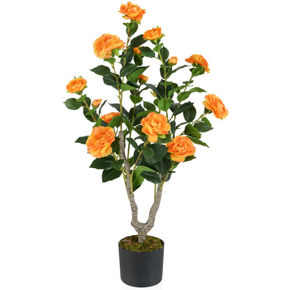 36 Inch Artificial Camellia Tree, Blooming Flower, Orange