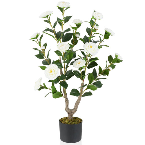 36 Inch Artificial Camellia Tree with Blooming Flower 1 Pack, White