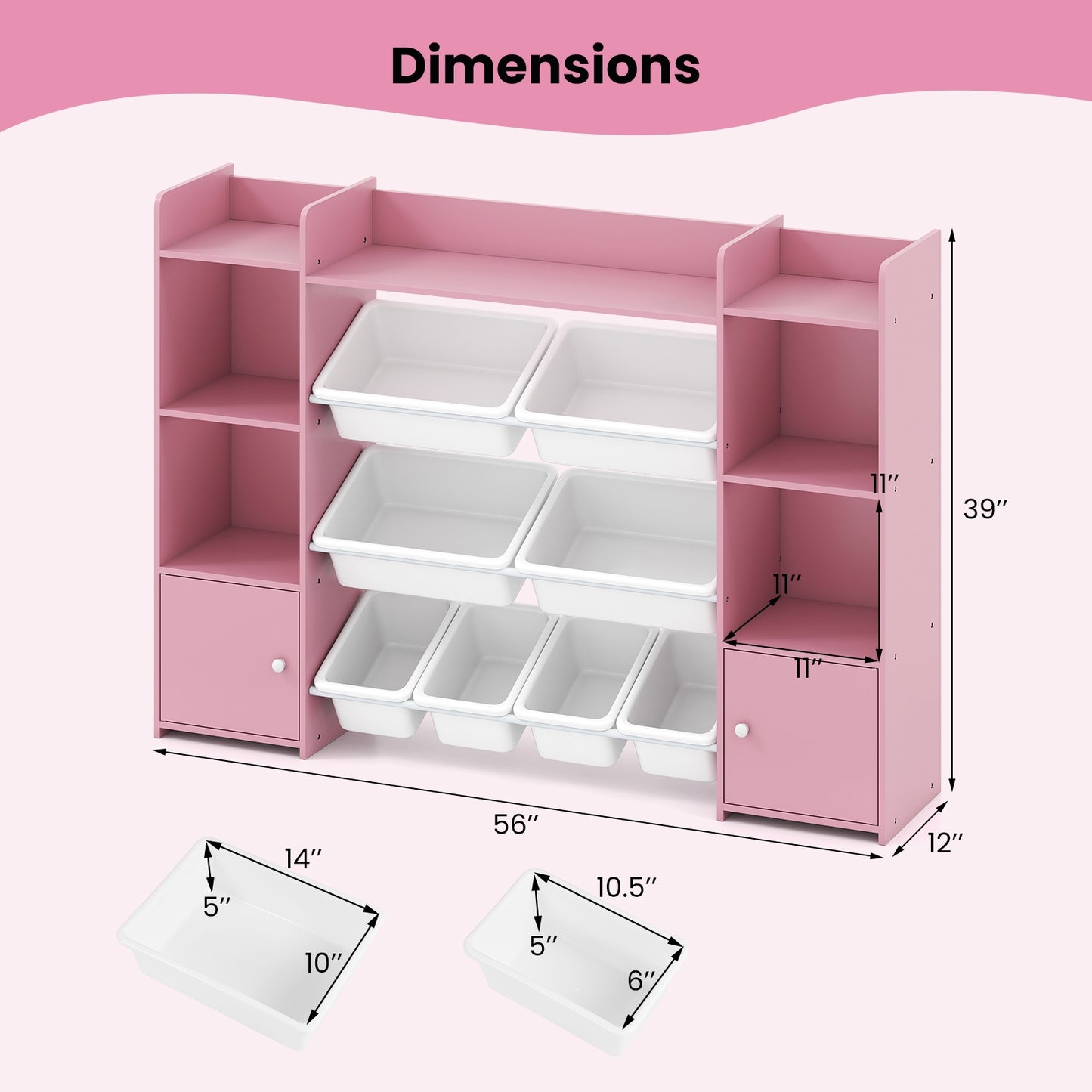 56 inch Large Toy Storage Organizer with 8 Removable Bins and Bookshelf, Pink Kids Storage at Gallery Canada