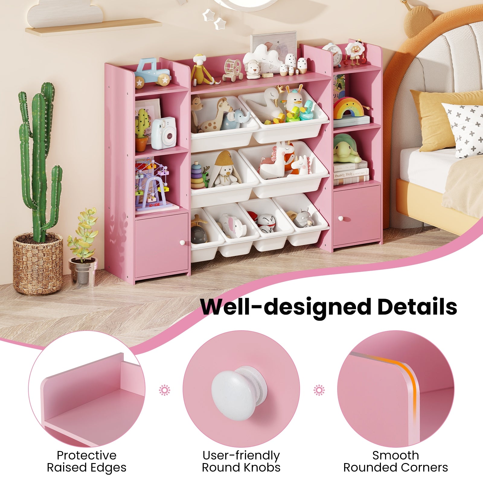 56 inch Large Toy Storage Organizer with 8 Removable Bins and Bookshelf, Pink Kids Storage at Gallery Canada