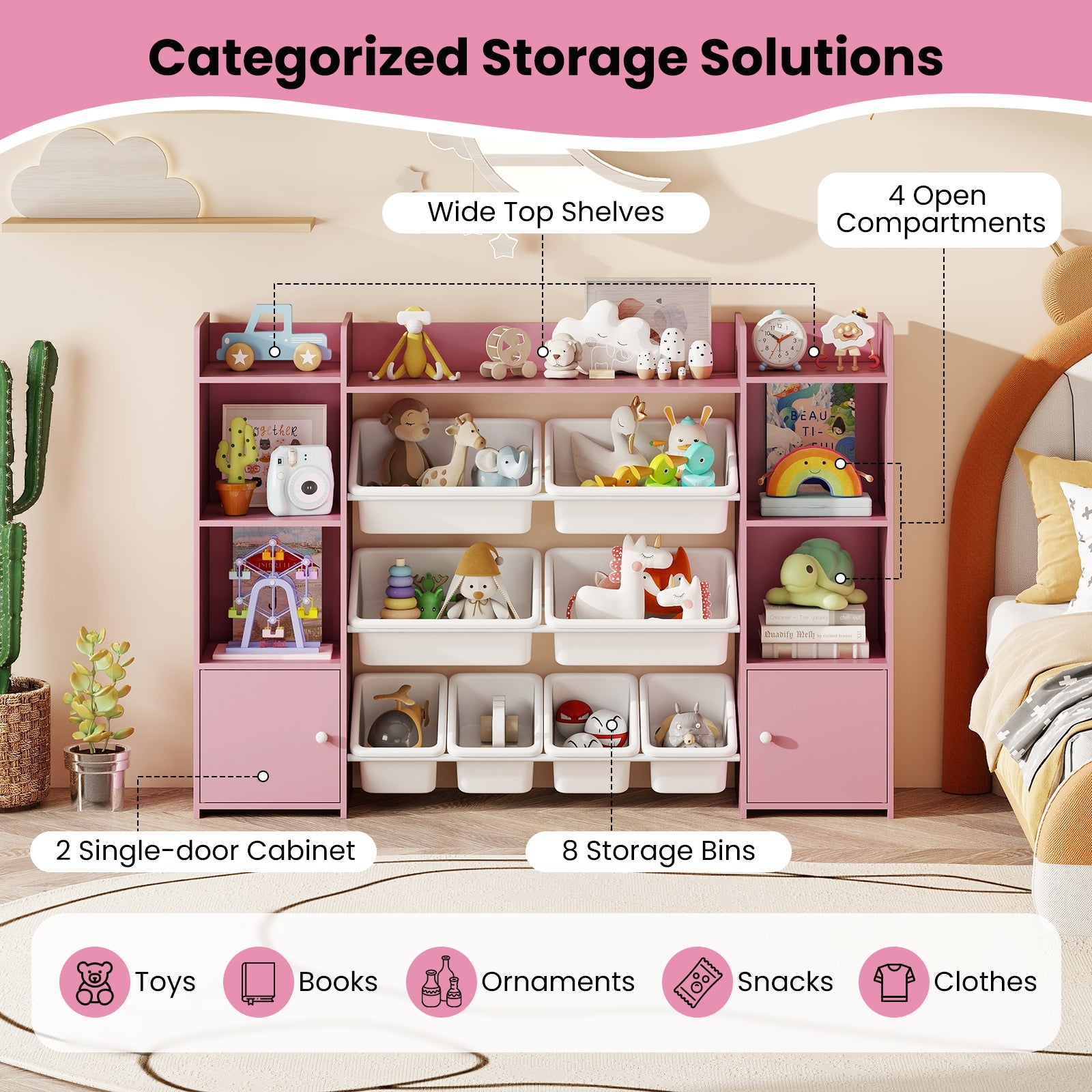 56 inch Large Toy Storage Organizer with 8 Removable Bins and Bookshelf, Pink Kids Storage at Gallery Canada