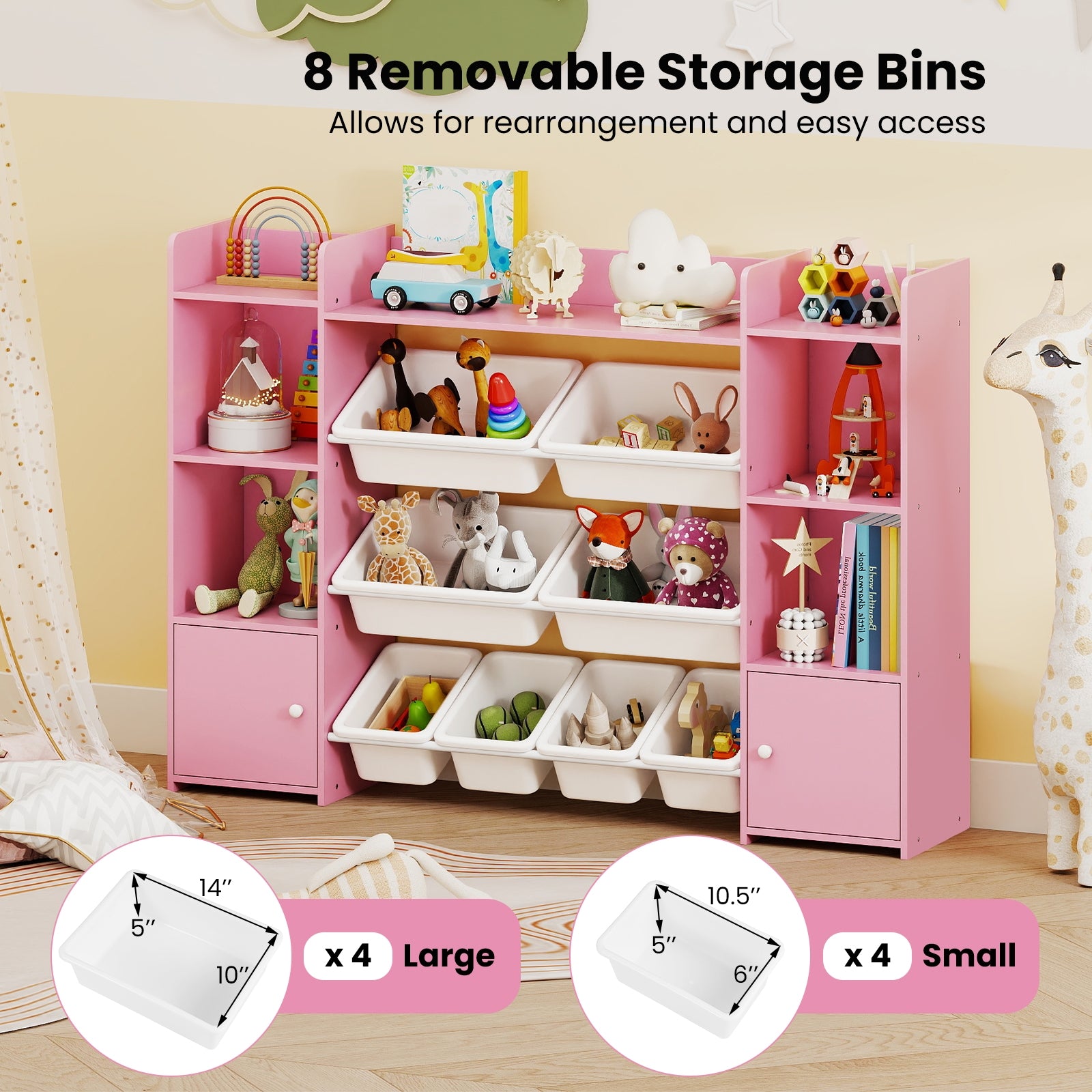 56 inch Large Toy Storage Organizer with 8 Removable Bins and Bookshelf, Pink Kids Storage at Gallery Canada