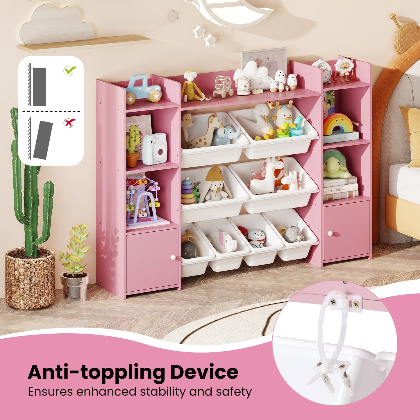 56 inch Large Toy Storage Organizer with 8 Removable Bins and Bookshelf, Pink Kids Storage at Gallery Canada