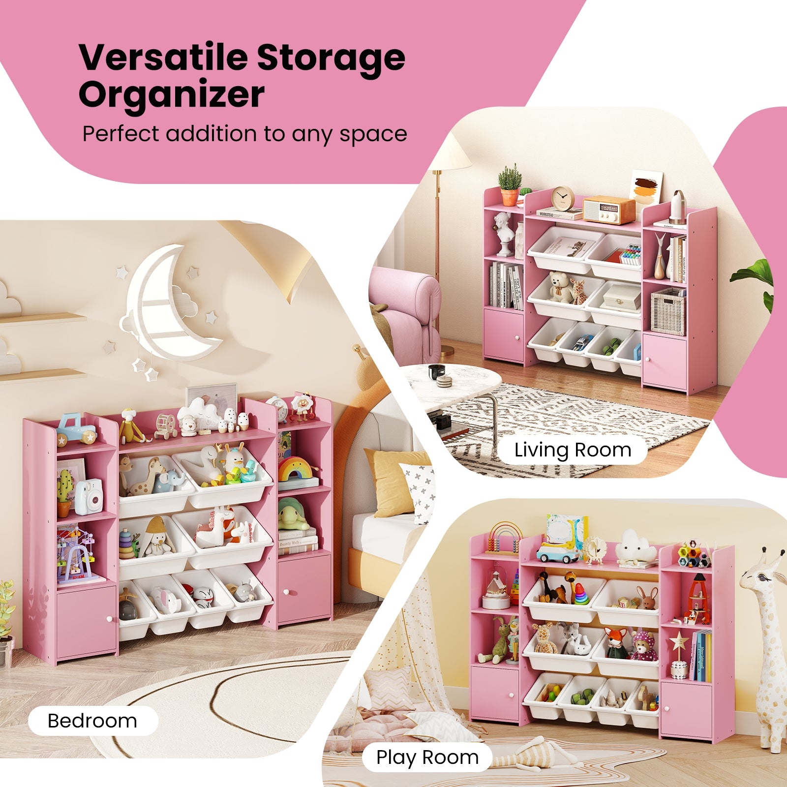 56 inch Large Toy Storage Organizer with 8 Removable Bins and Bookshelf, Pink Kids Storage at Gallery Canada