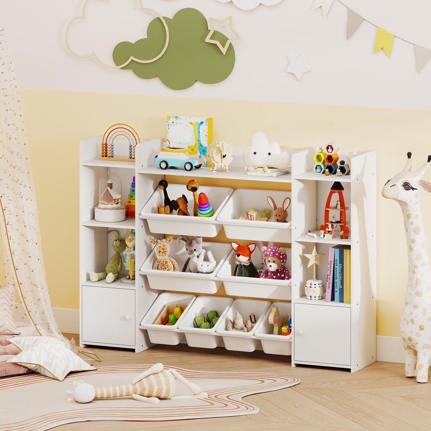 56 inch Large Toy Storage Organizer with 8 Removable Bins and Bookshelf, White Kids Storage at Gallery Canada