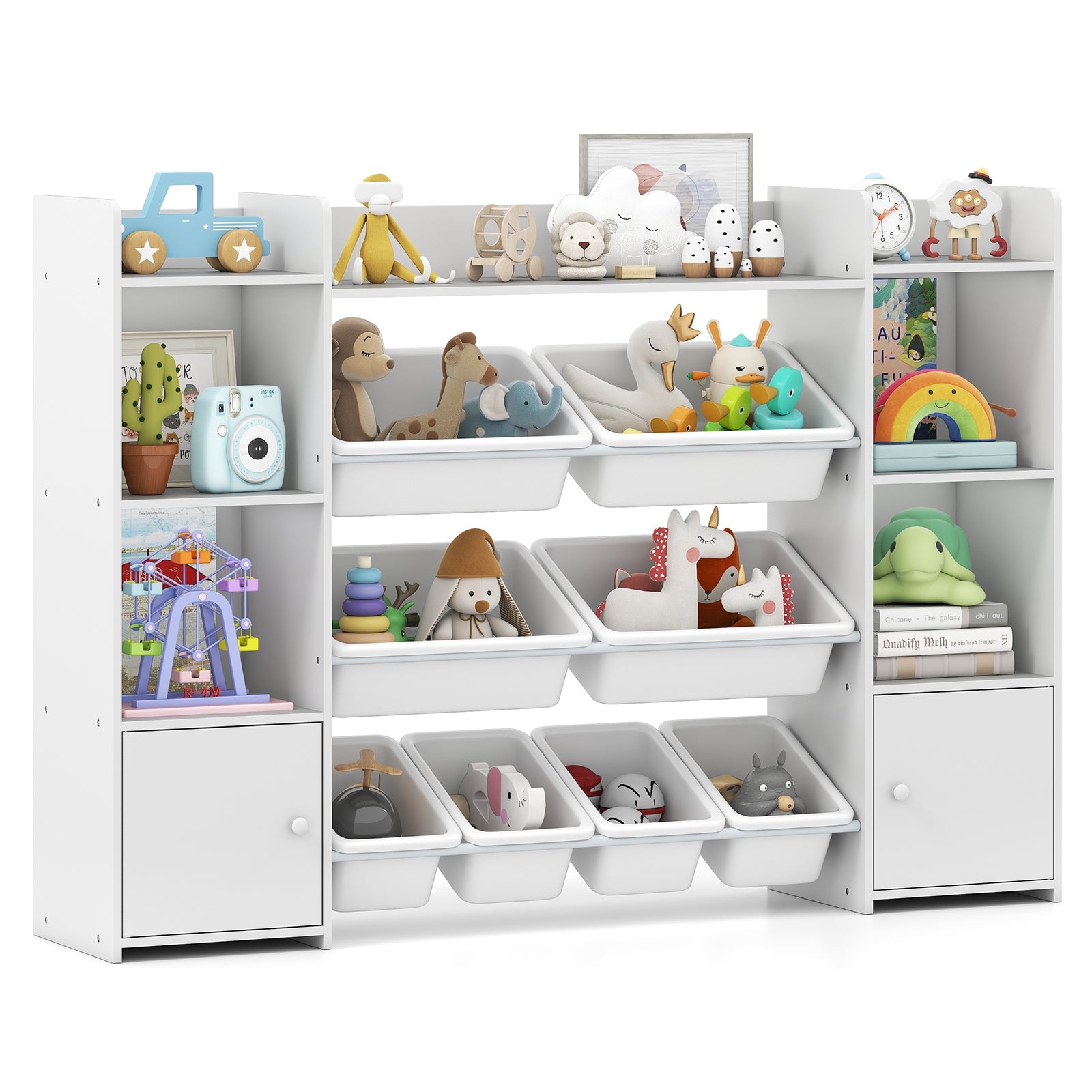 56 inch Large Toy Storage Organizer with 8 Removable Bins and Bookshelf, White Kids Storage White at Gallery Canada