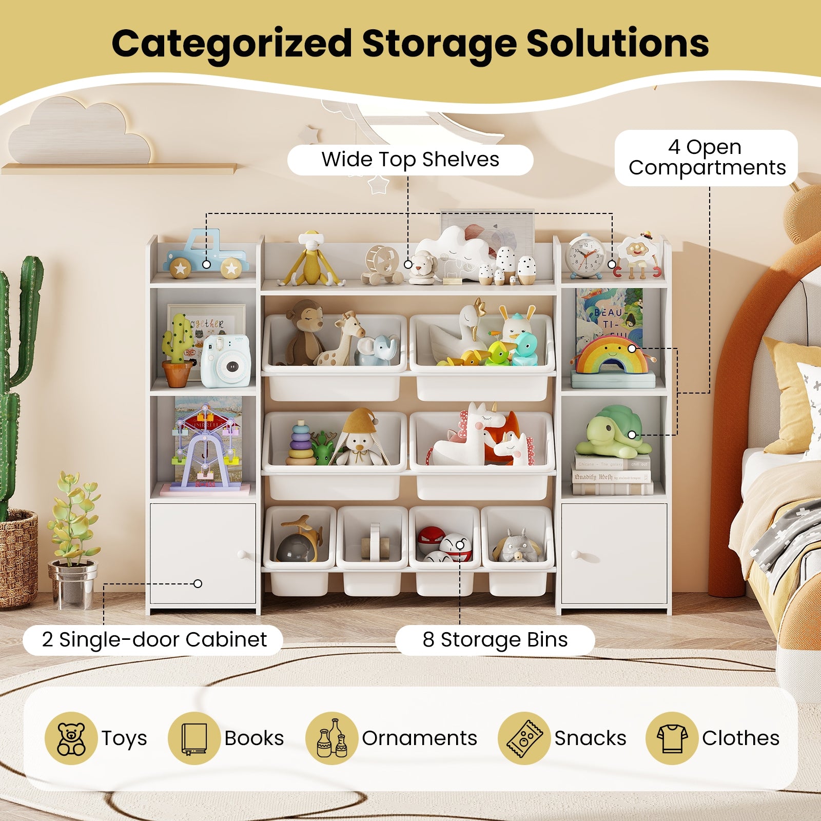 56 inch Large Toy Storage Organizer with 8 Removable Bins and Bookshelf, White Kids Storage at Gallery Canada