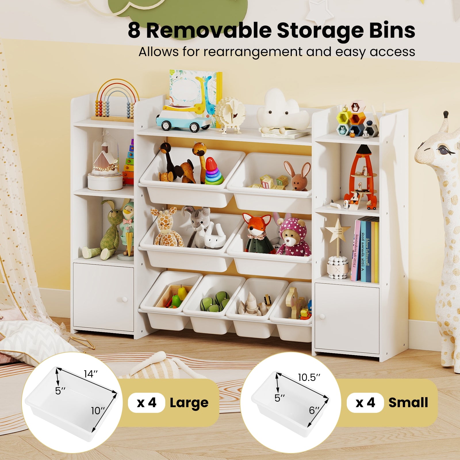 56 inch Large Toy Storage Organizer with 8 Removable Bins and Bookshelf, White Kids Storage at Gallery Canada