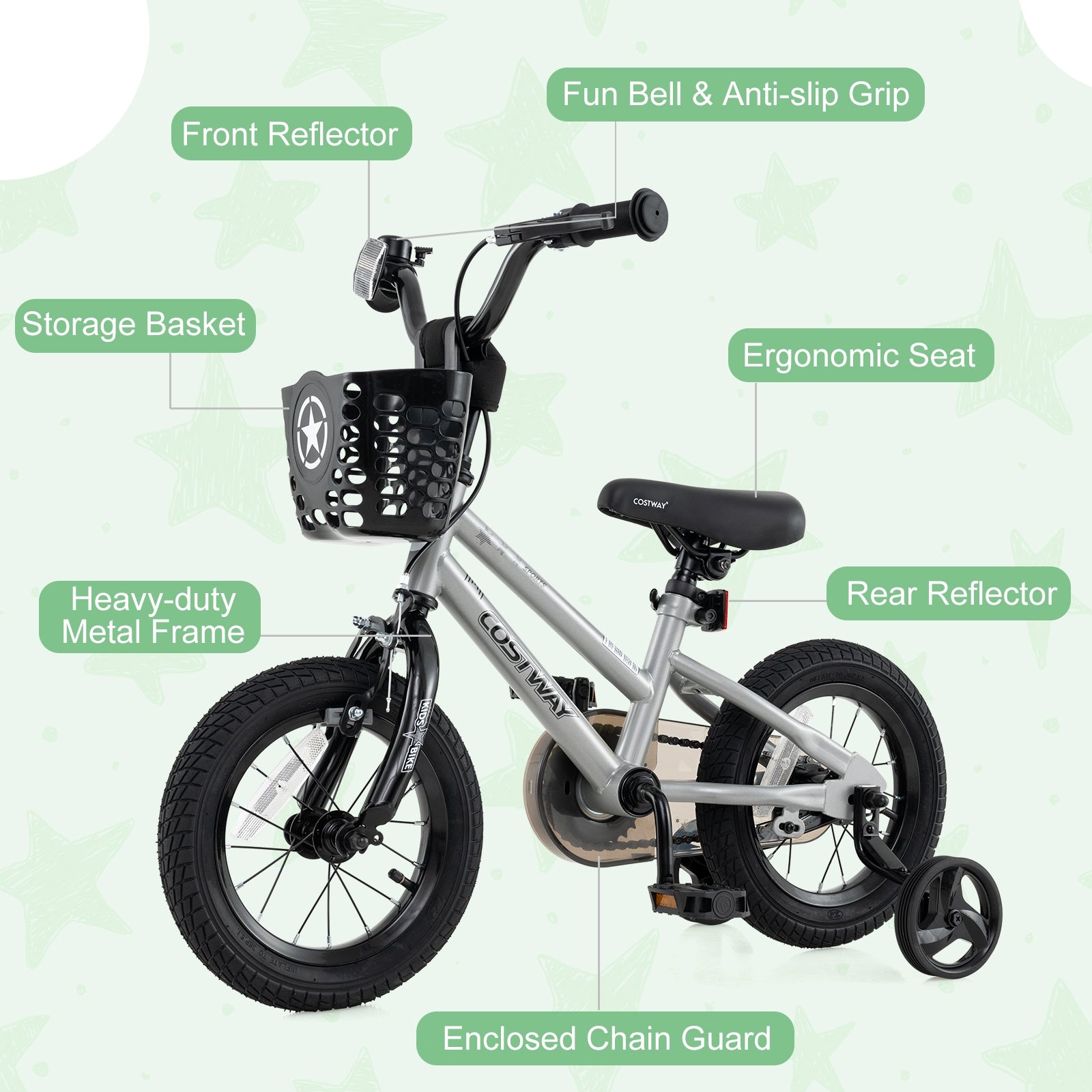 12 Inch Kids Bike Adjustable with Transparent Chain Cover for 3-4 Years Old, Silver Kids Bike at Gallery Canada