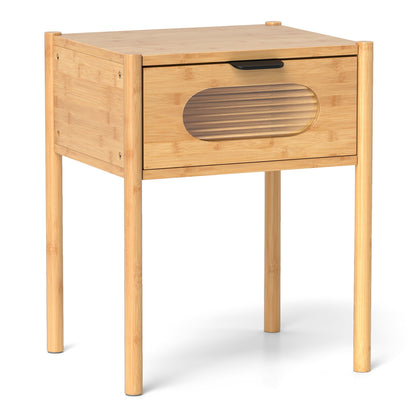 Bamboo Nightstand, Square Tall End Table, Decorated Drawer, Natural Nightstands Natural at Gallery Canada