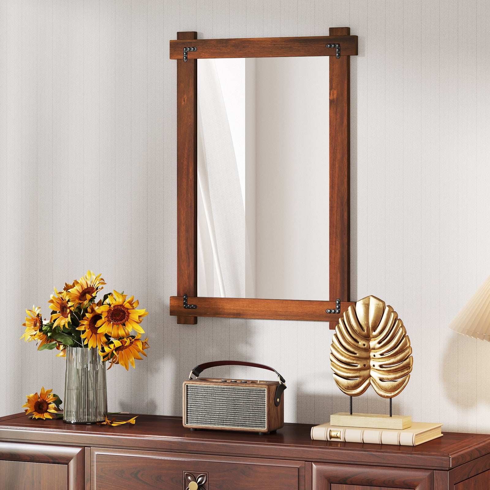 Wood Framed Mirror with Acacia Wood Frame and Vintage Rivet Design Brown-M, Brown Wall Mirrors at Gallery Canada