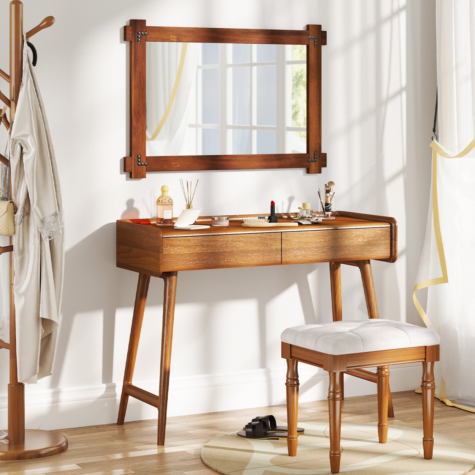 Wood Framed Mirror with Acacia Wood Frame and Vintage Rivet Design Brown-M, Brown Wall Mirrors at Gallery Canada