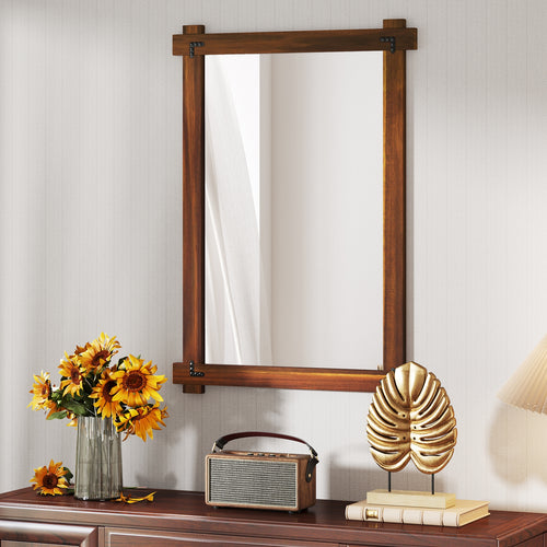 Wood Framed Mirror with Acacia Wood Frame and Vintage Rivet Design Brown-L, Brown