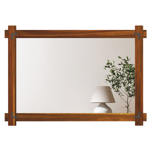 Wood Framed Mirror with Acacia Wood Frame and Vintage Rivet Design Brown-L, Brown