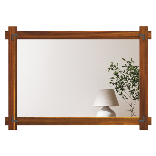 Wood Framed Mirror, Acacia Wood Frame, Vintage Rivet Design, Brown-L, Brown
