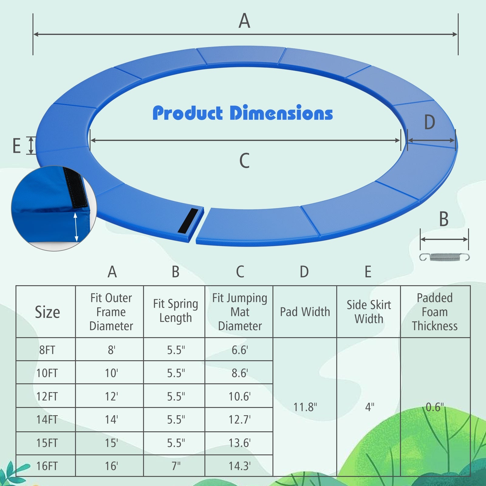 12 Feet Trampoline Pad Replacement Safety Pad with Fixing Straps (Blue), Blue Trampoline Accessories at Gallery Canada