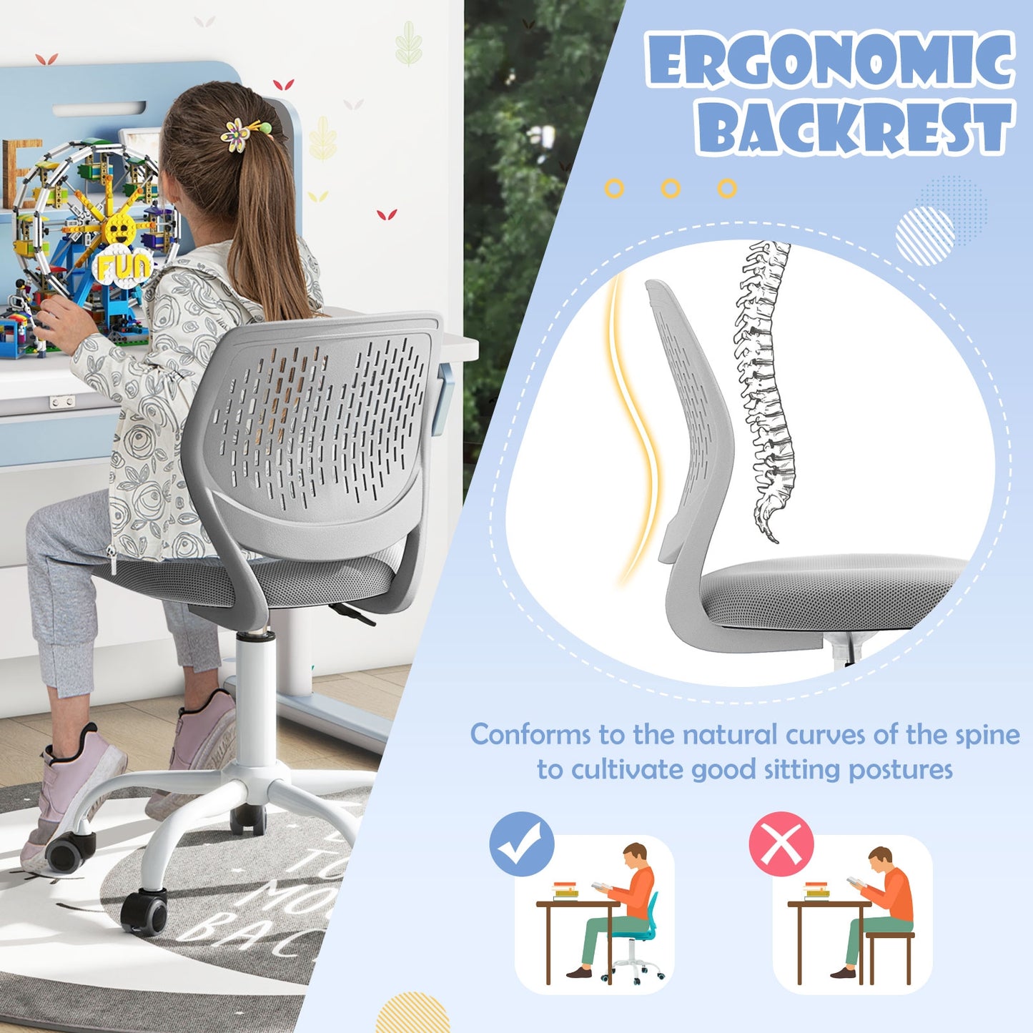 Ergonomic Children Study Chair with Adjustable Height, Gray Kids Chairs & Seating at Gallery Canada
