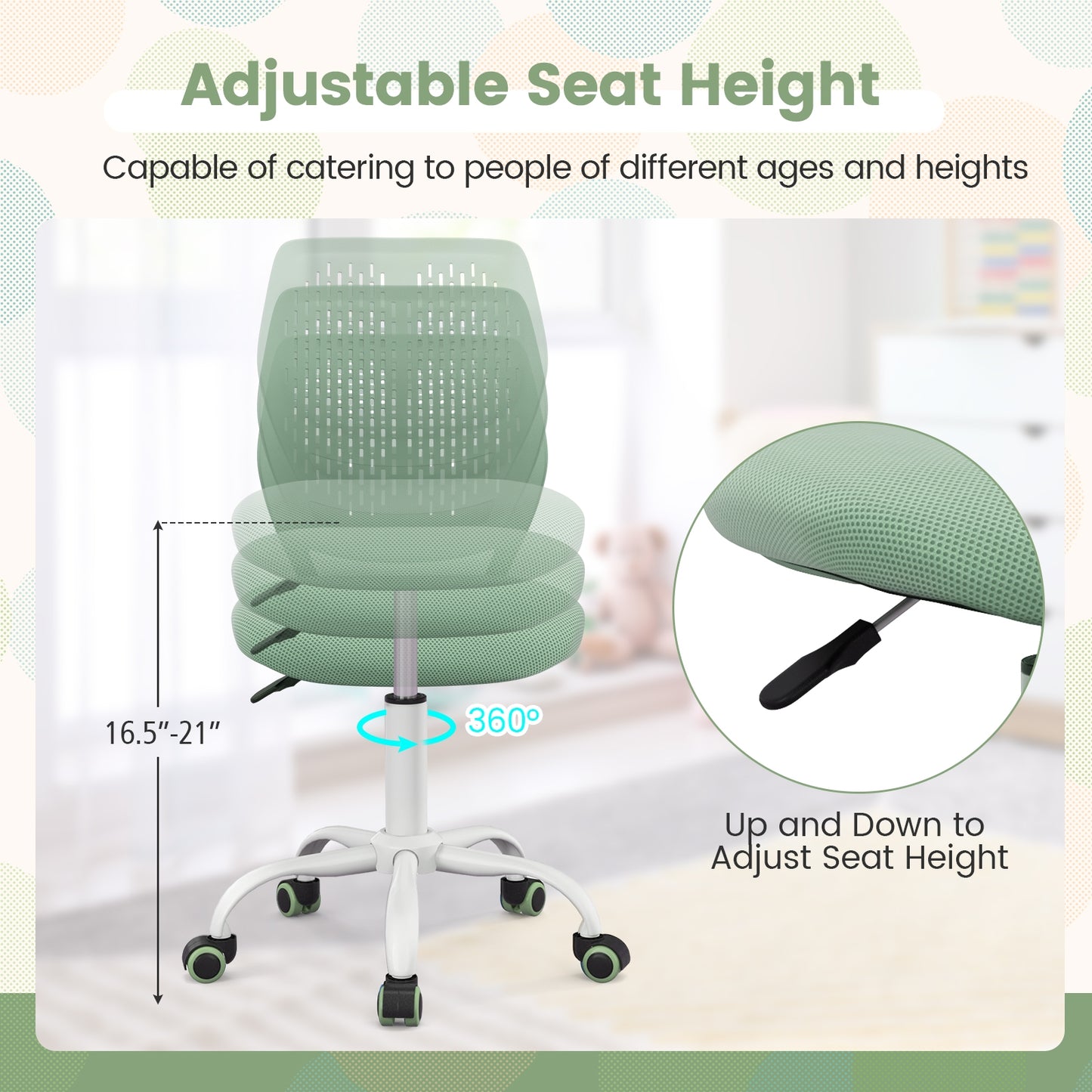 Adjustable Height Ergonomic Children Study Chair, Green