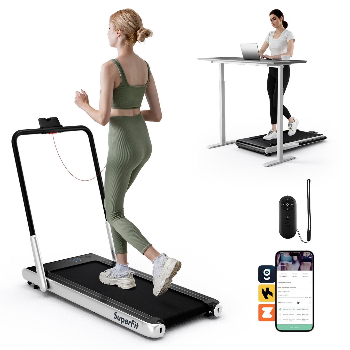 3-in-1 3HP Folding Treadmill with Smart Apps Remote Control and Speakers, Silver Treadmills at Gallery Canada