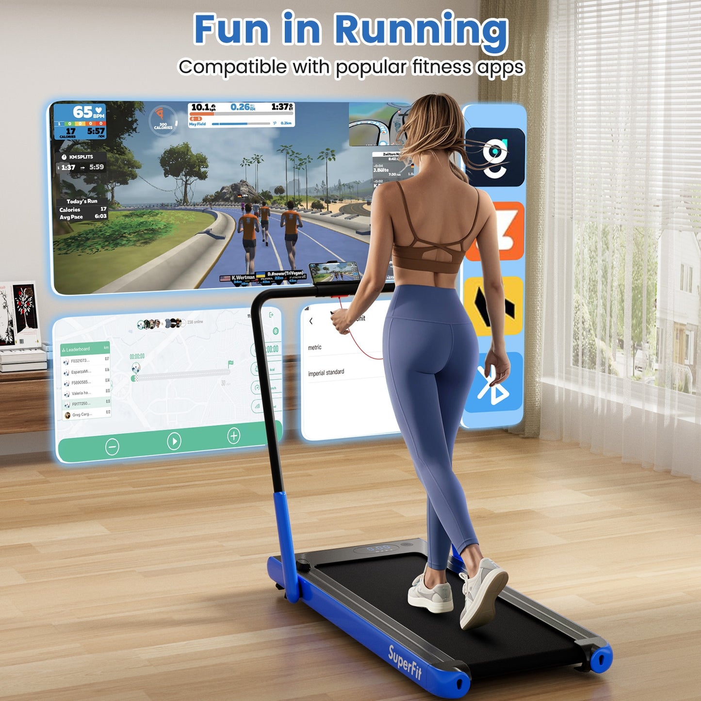 3-in-1 3HP Folding Treadmill with Smart Apps Remote Control and Speakers, Navy Treadmills at Gallery Canada