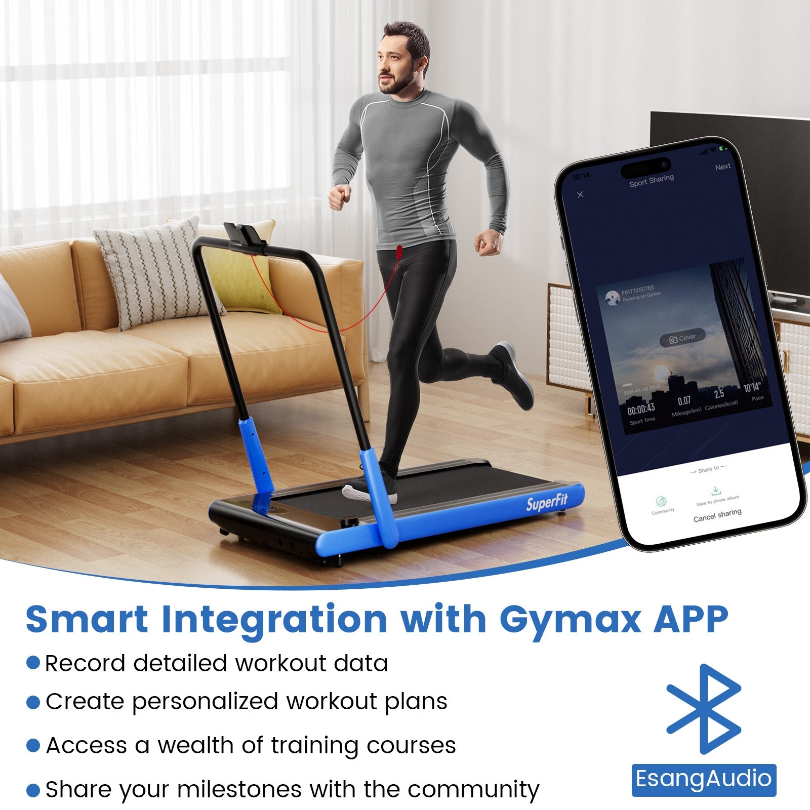 3-in-1 3HP Folding Treadmill with Smart Apps Remote Control and Speakers, Navy Treadmills at Gallery Canada