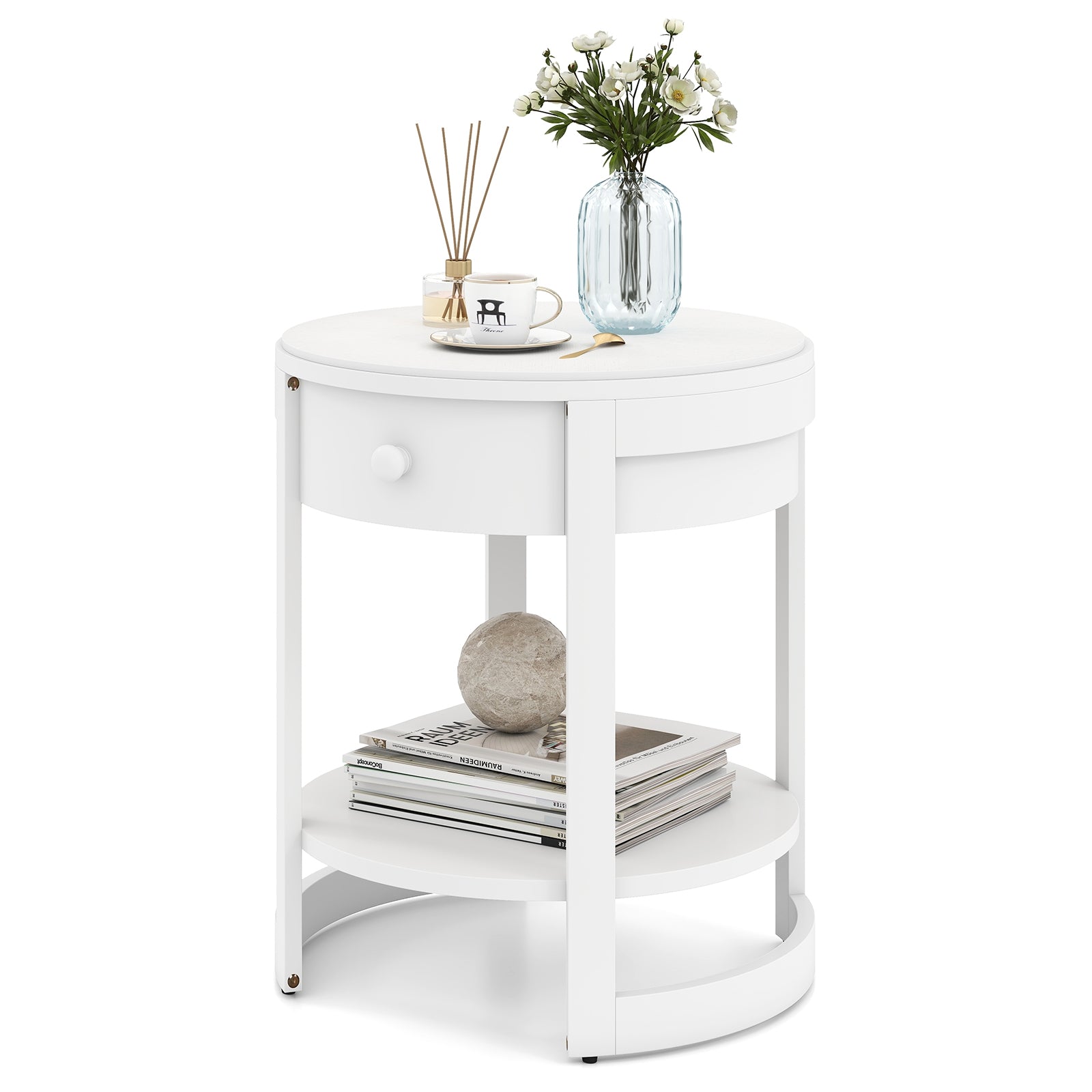 2-Tier Round End Table Mid Century Modern Nightstand, White End & Side Tables at Gallery Canada