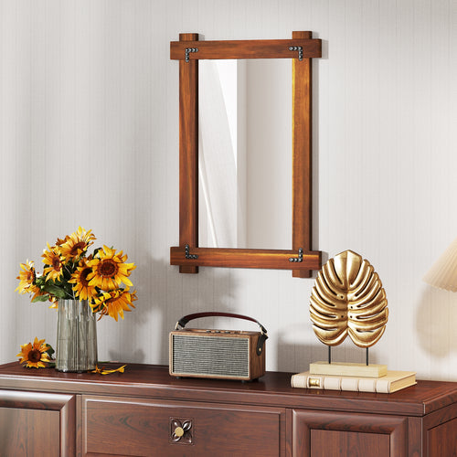 Wood Framed Mirror with Acacia Wood Frame and Vintage Rivet Design Brown-S, Brown