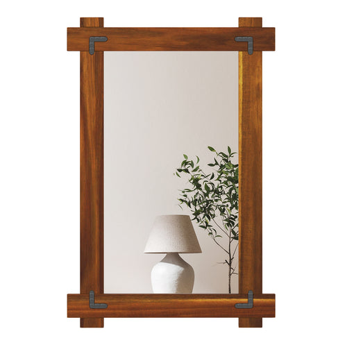 Wood Framed Mirror with Acacia Wood Frame and Vintage Rivet Design Brown-S, Brown
