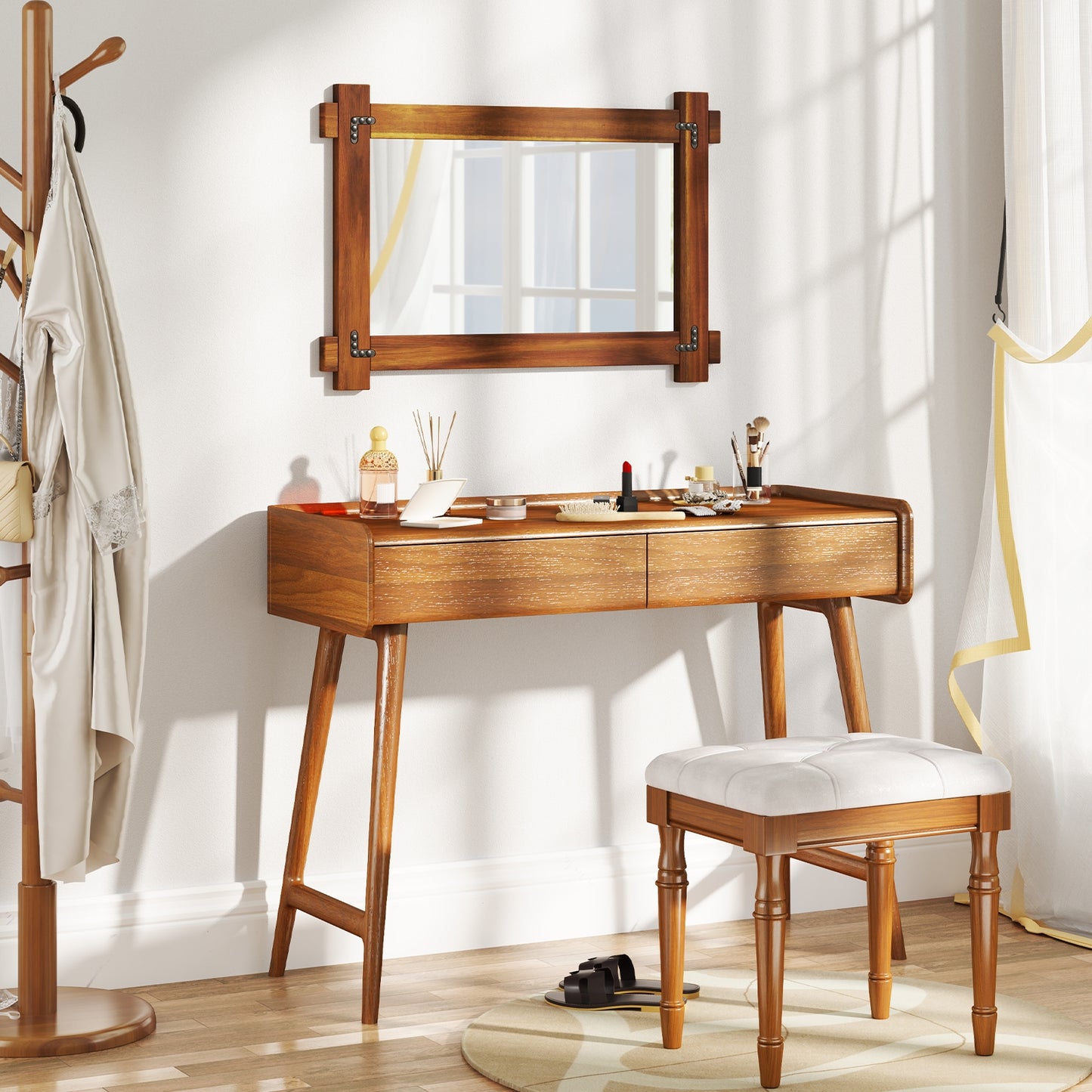 Wood Framed Mirror with Acacia Wood Frame and Vintage Rivet Design Brown-S, Brown Wall Mirrors at Gallery Canada