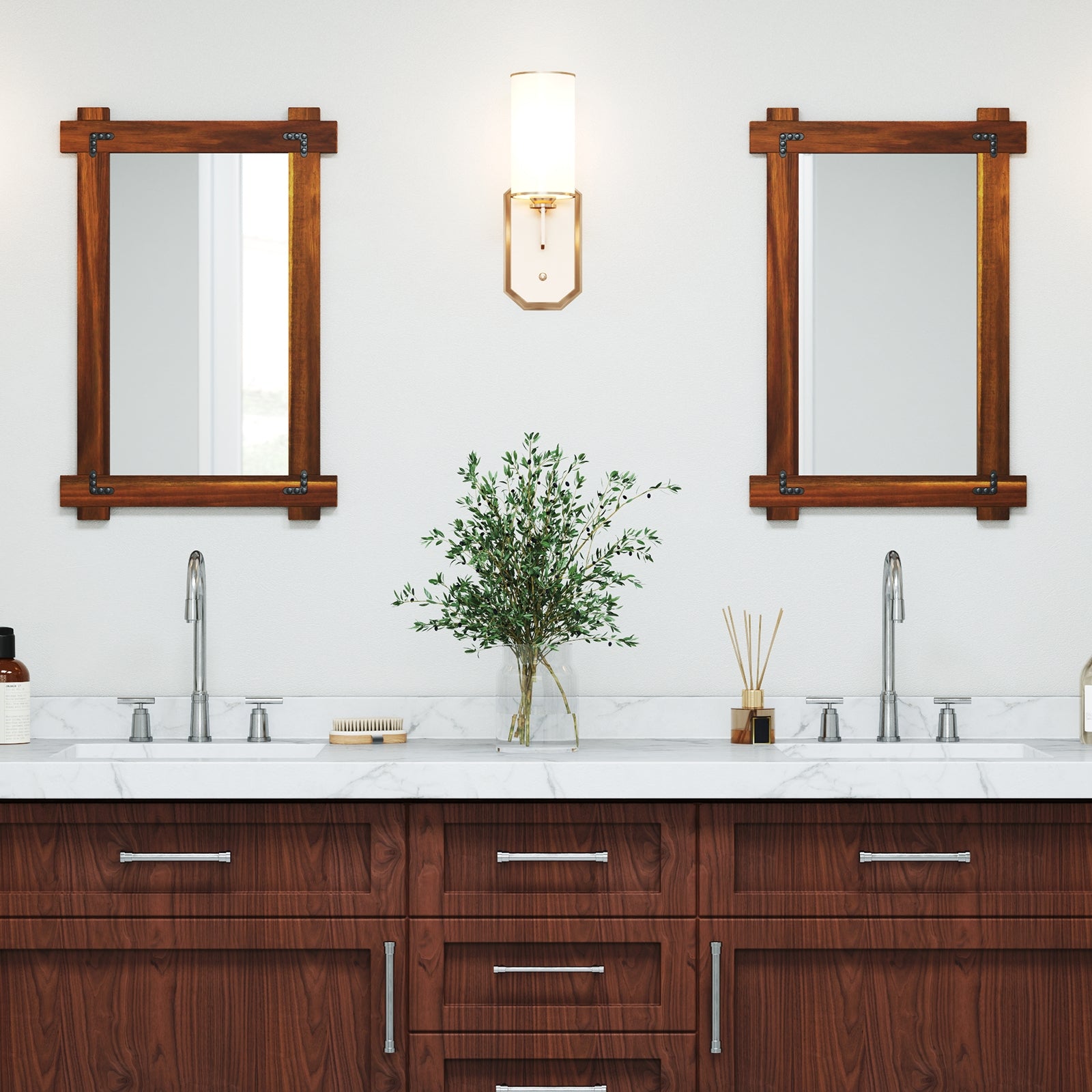 Wood Framed Mirror with Acacia Wood Frame and Vintage Rivet Design Brown-S, Brown Wall Mirrors at Gallery Canada