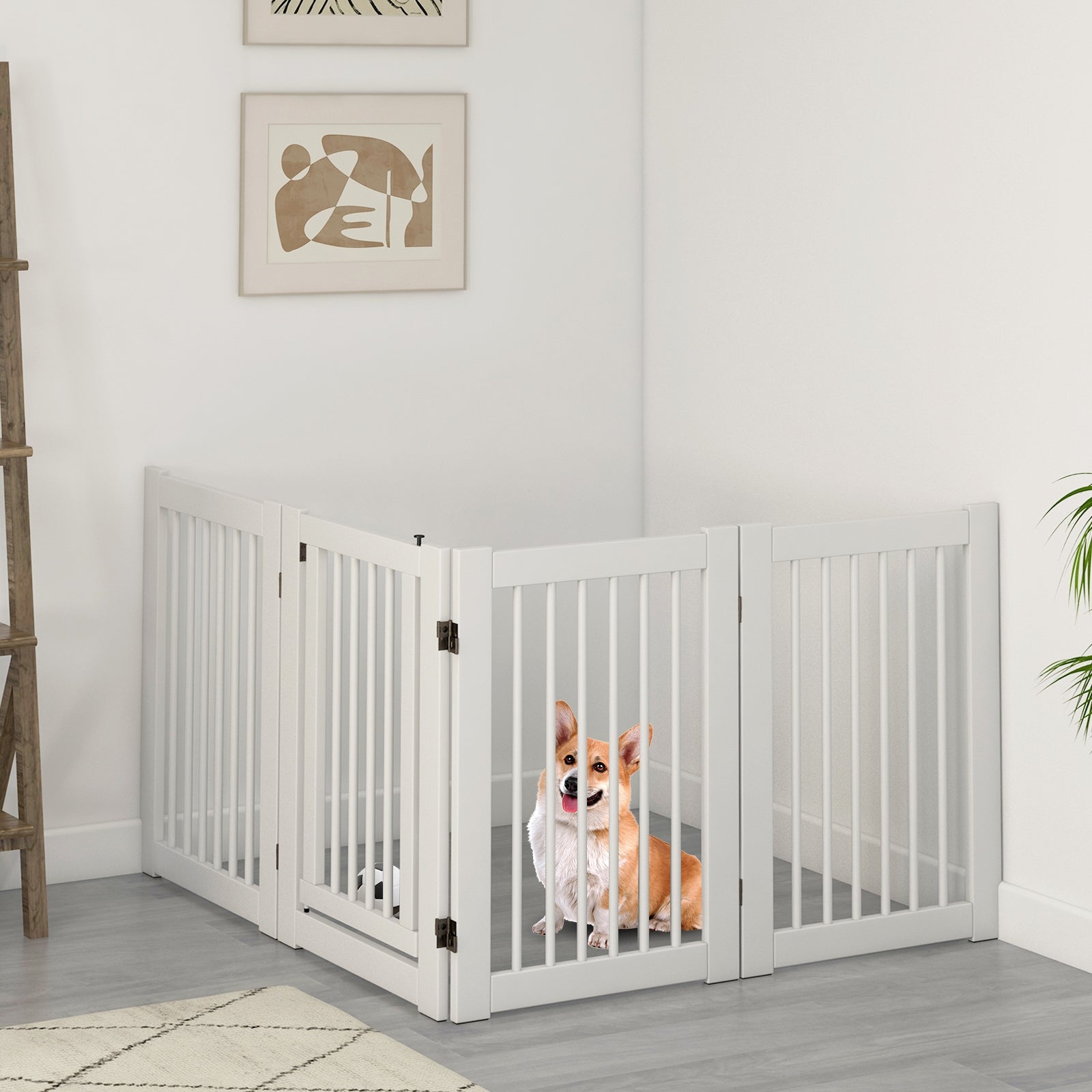 30 Inch Tall 4-Panel Freestanding Pet Gate Wooden Dog Fence, White Pet Gate at Gallery Canada