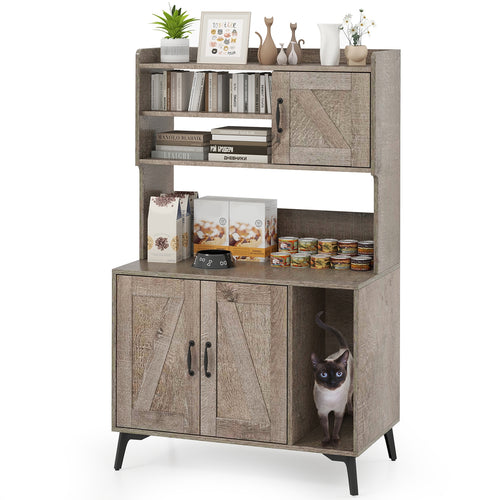 Large Cat Litter Box Enclosure with Display Storage Shelves, Oak