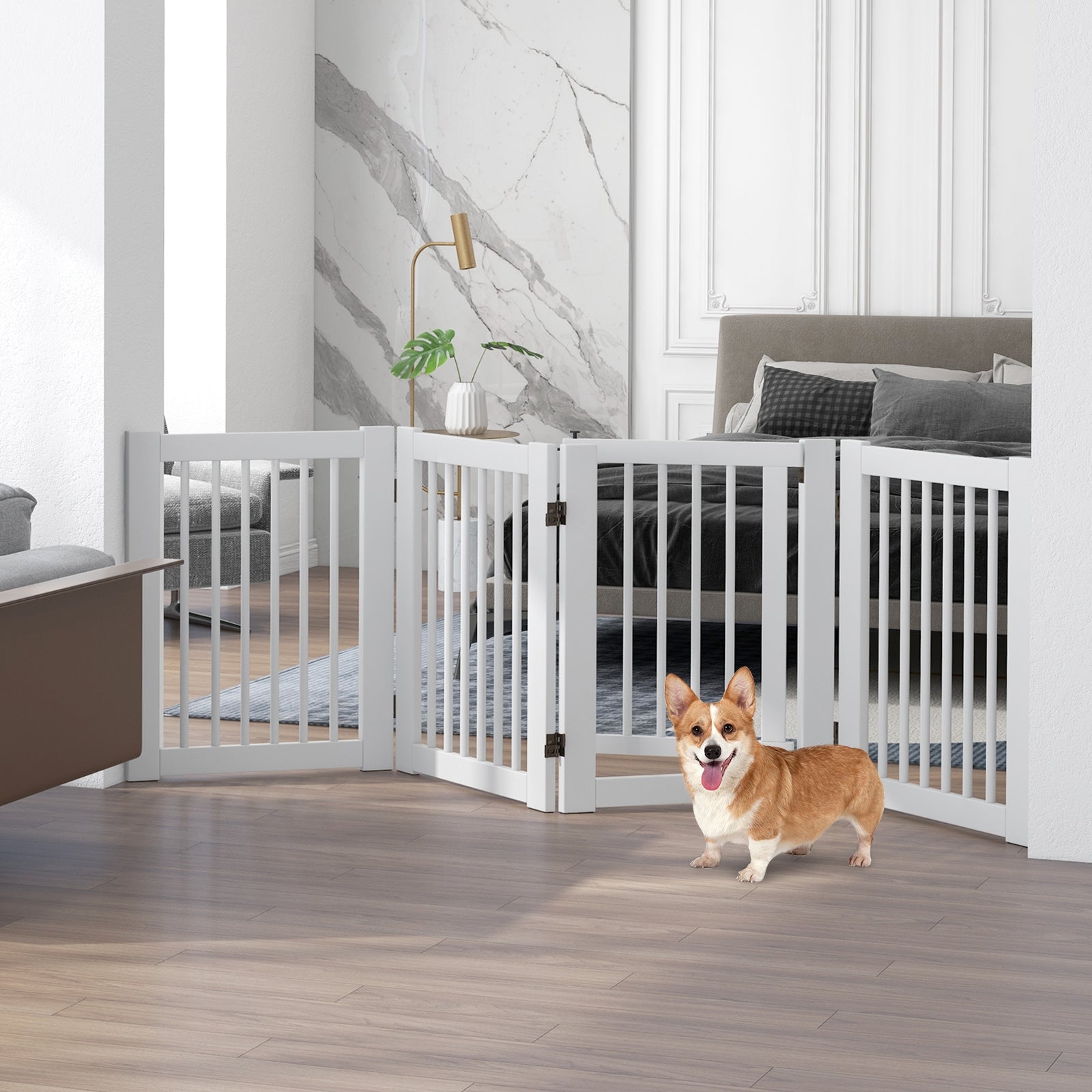 30 Inch Tall 4-Panel Freestanding Pet Gate Wooden Dog Fence, White Pet Gate at Gallery Canada