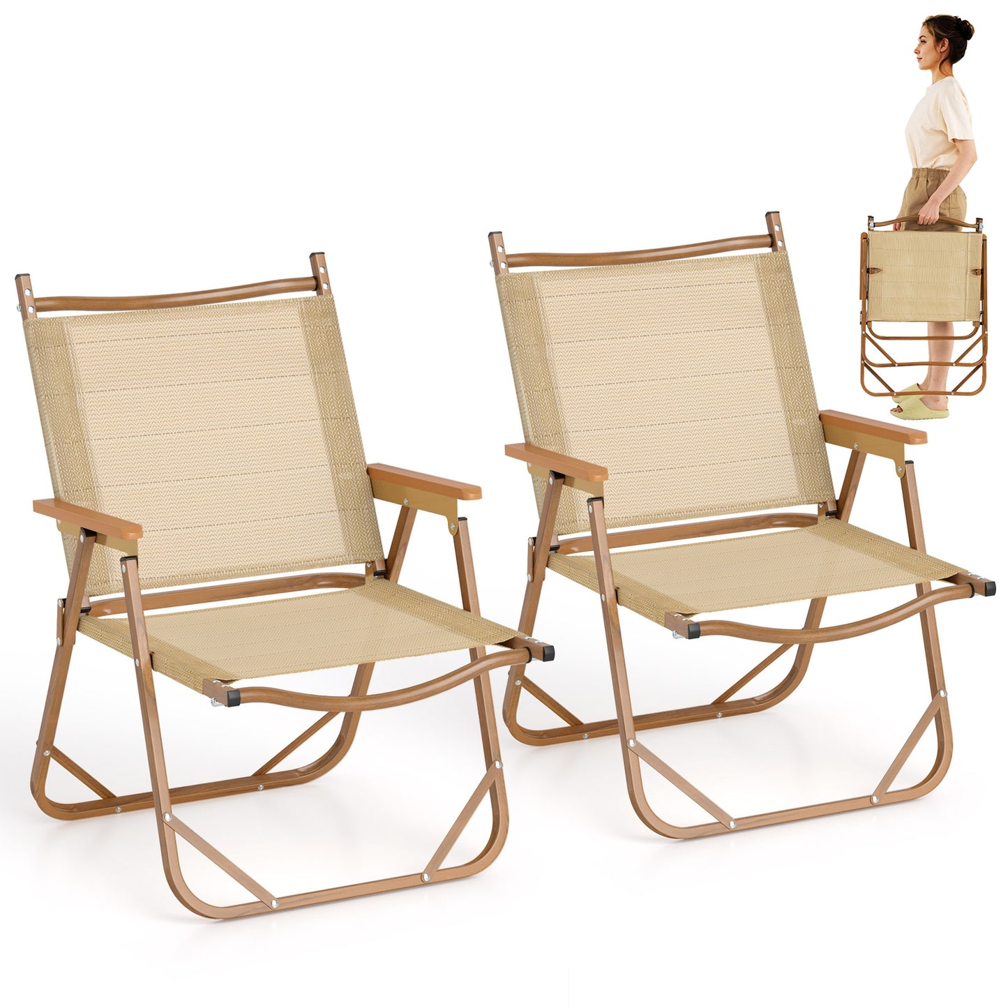 Chaises de Camping Pliantes, Ensemble de 2, Chaises de Plage Légères, Beige