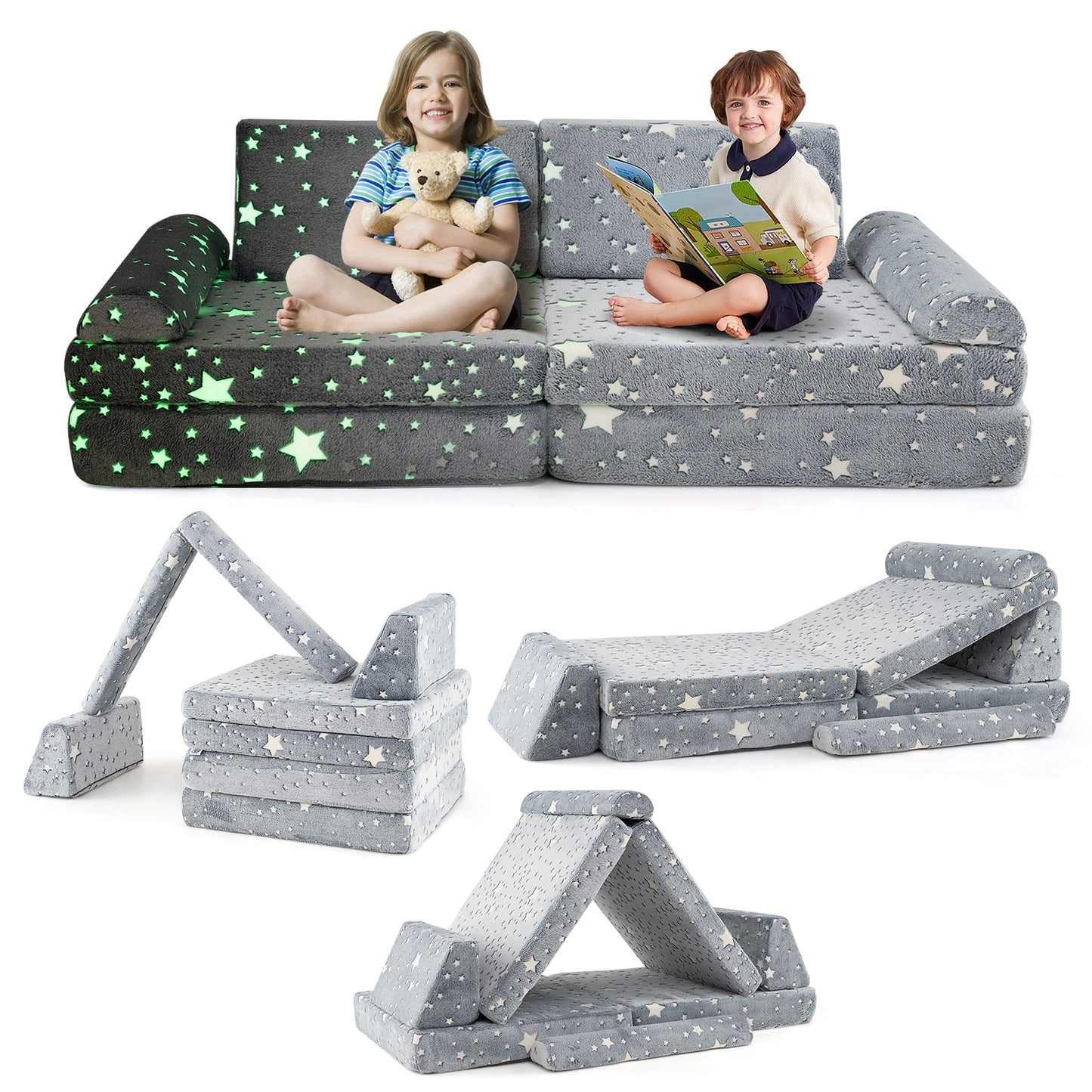 8 Pieces Modular Kids Play Couch Glow in the Dark Toddler Sectional Sofa, Gray Kids Chairs & Seating at Gallery Canada