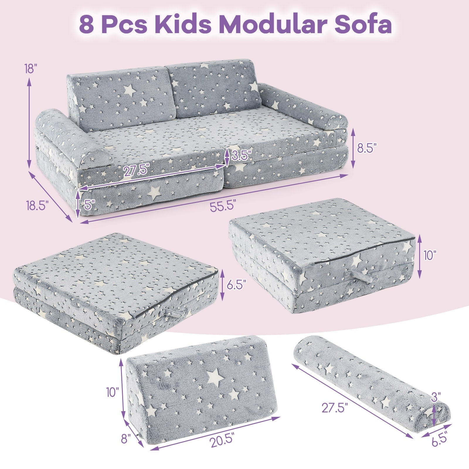 8 Pieces Modular Kids Play Couch Glow in the Dark Toddler Sectional Sofa, Gray Kids Chairs & Seating at Gallery Canada