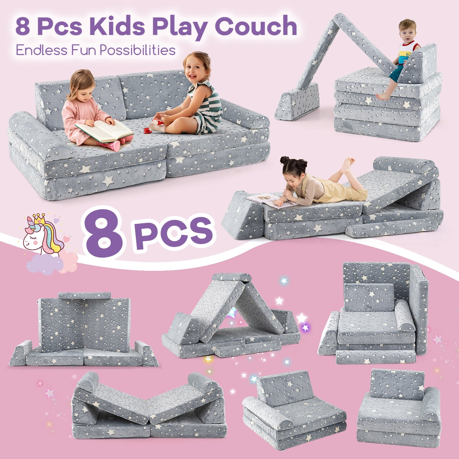 8 Pieces Modular Kids Play Couch Glow in the Dark Toddler Sectional Sofa, Gray Kids Chairs & Seating at Gallery Canada