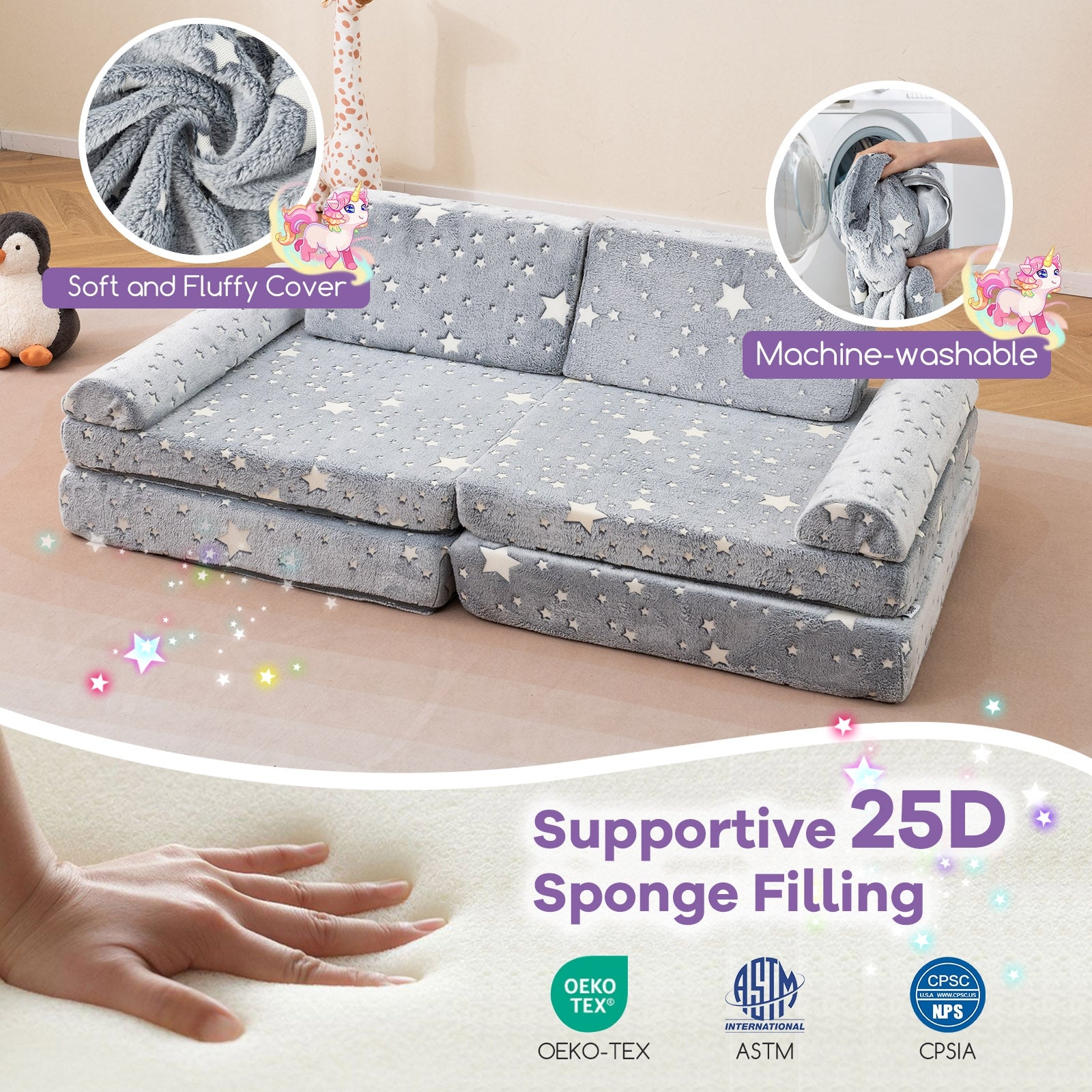 8 Pieces Modular Kids Play Couch Glow in the Dark Toddler Sectional Sofa, Gray Kids Chairs & Seating at Gallery Canada