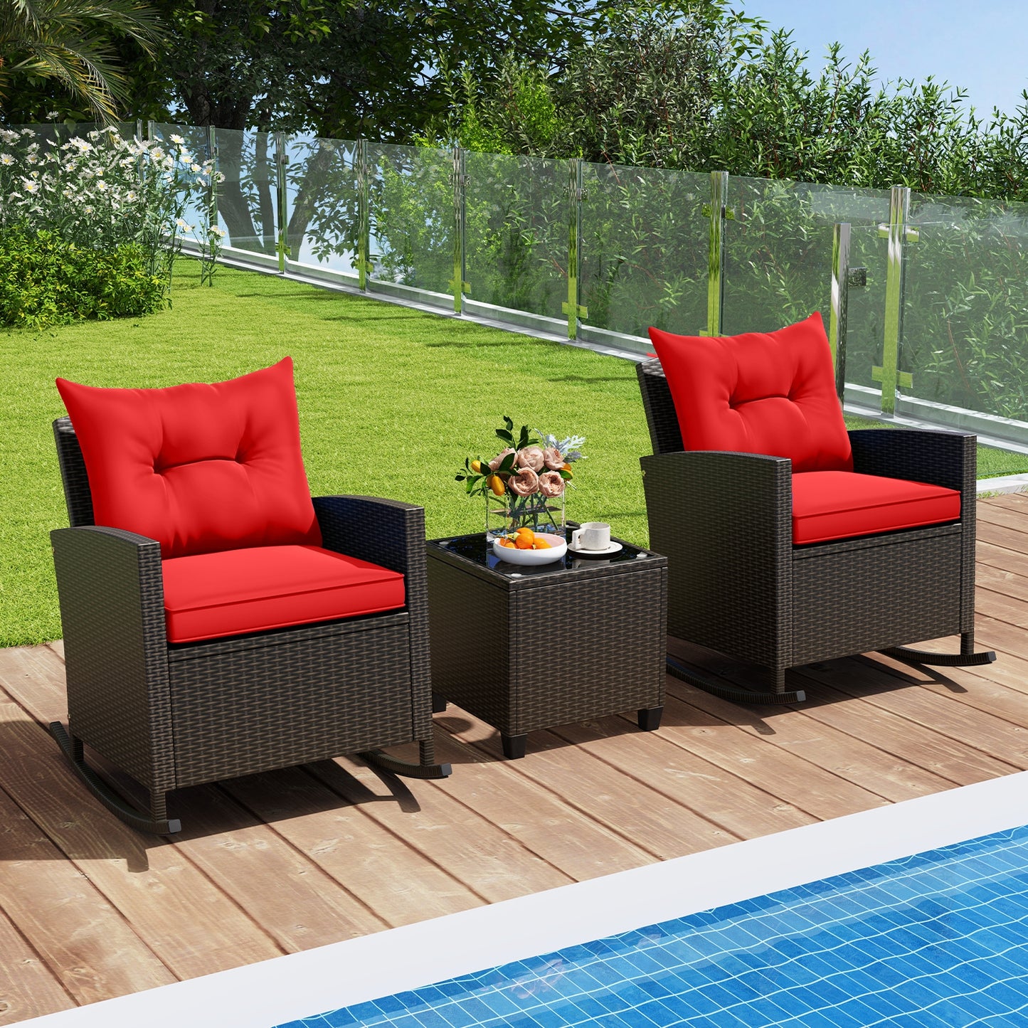 3-Piece Rattan Rocker Chairs With Glass Table, Red Patio Conversation Sets at Gallery Canada