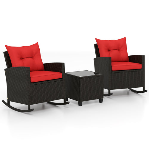 3-Piece Rattan Rocker Chairs With Glass Table, Red