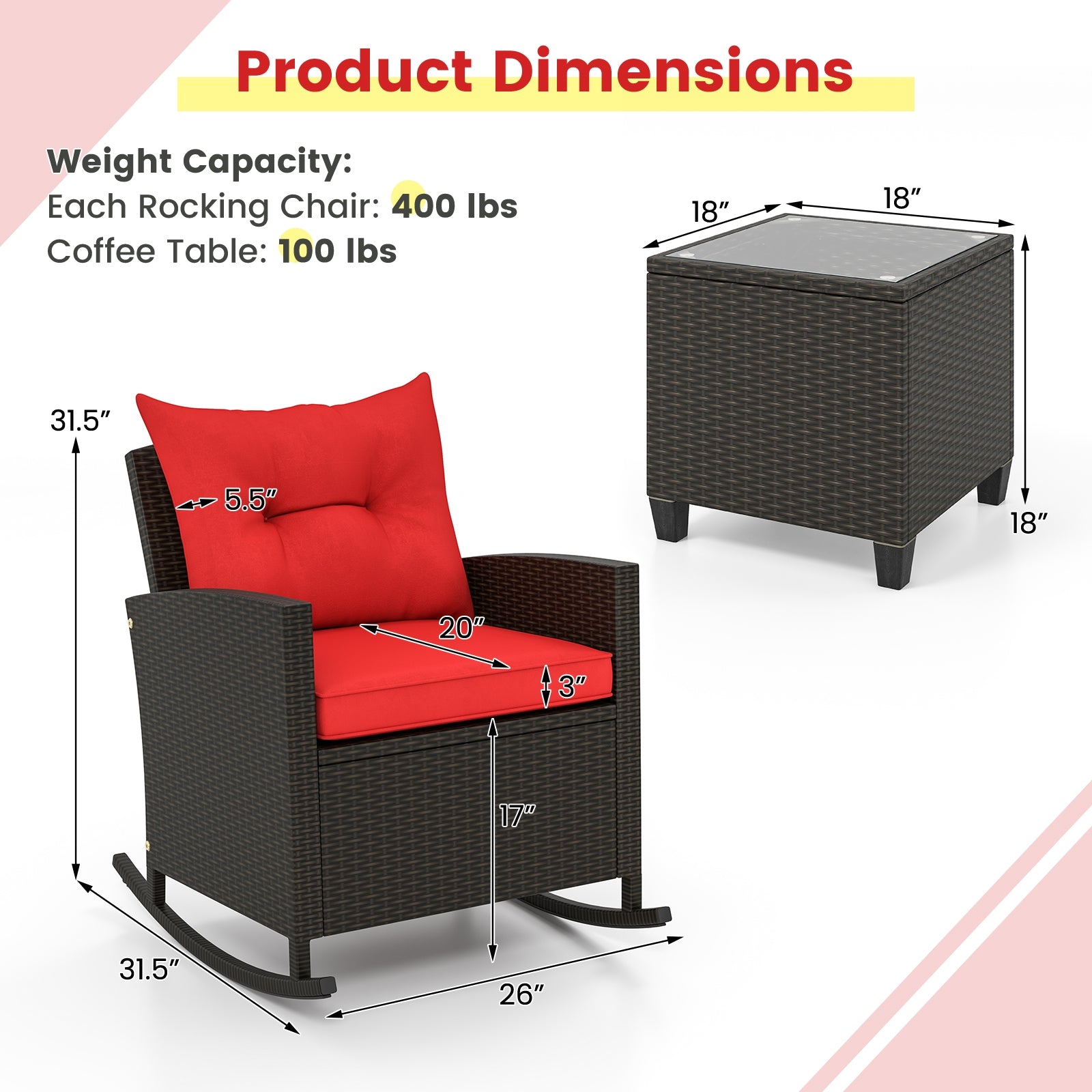 3-Piece Rattan Rocker Chairs With Glass Table, Red Patio Conversation Sets at Gallery Canada