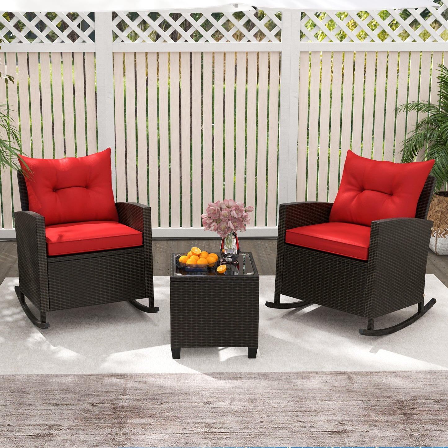 3-Piece Rattan Rocker Chairs With Glass Table, Red Patio Conversation Sets at Gallery Canada