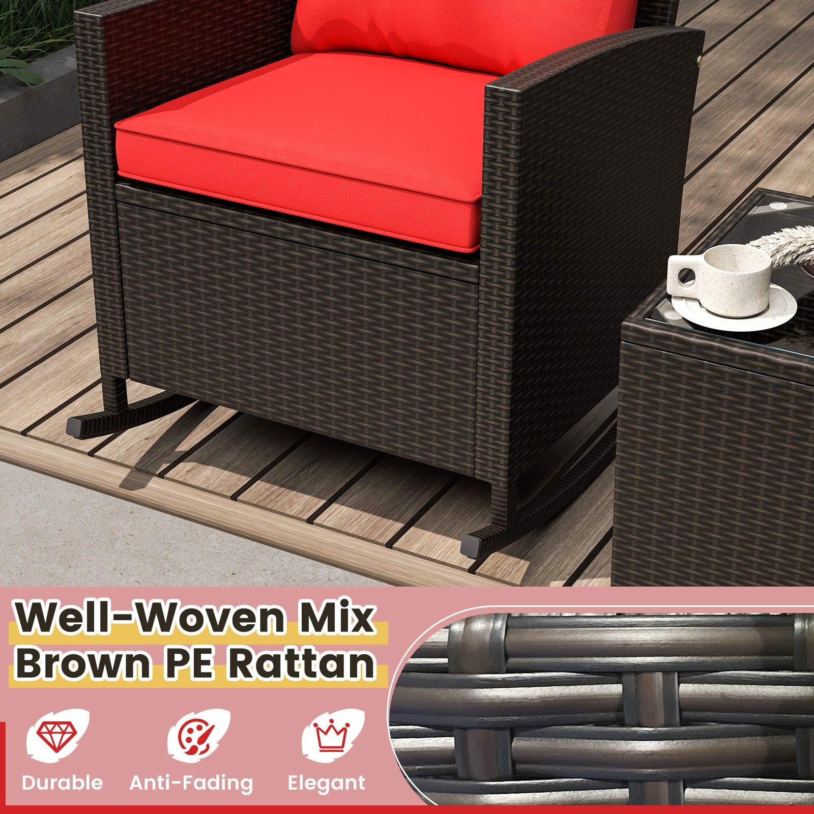 3-Piece Rattan Rocker Chairs With Glass Table, Red Patio Conversation Sets at Gallery Canada