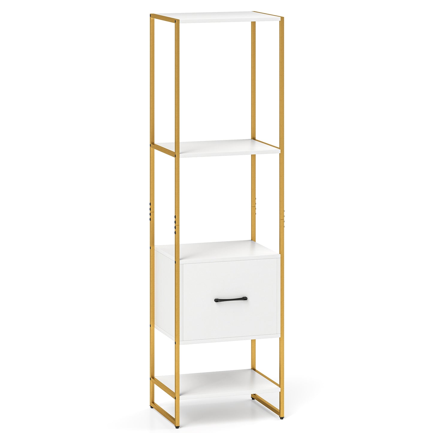 5-Tier Narrow Bookcase, 4 Open Shelves, Storage Drawer, White Bookcases White at Gallery Canada
