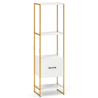 5-Tier Narrow Bookcase, 4 Open Shelves, Storage Drawer, White Bookcases White at Gallery Canada